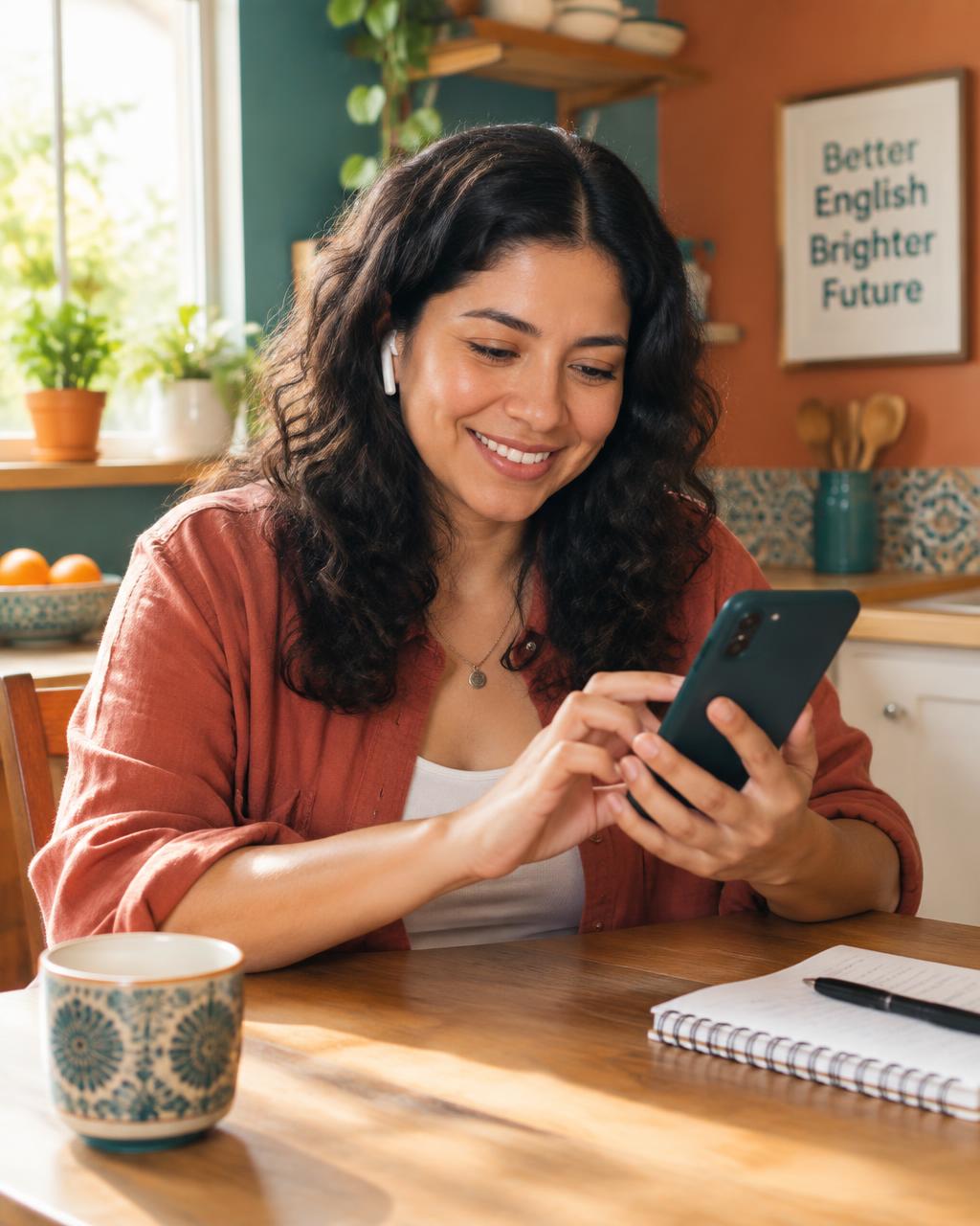 Mujer practicando inglés en su teléfono